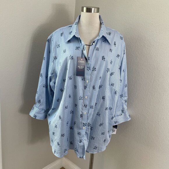 NEW Chaps Womens Plus 3X Blue Striped Floral No Iron Button Up Shirt 3/4 Sleeve - Picture 1 of 10
